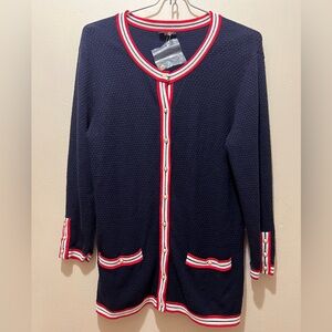 TALBOTS Small Navy Blue Red Textured Knit Pearl Cap Button Cardigan